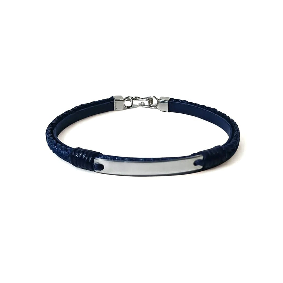 Pulsera de cuero azul con placa de plata