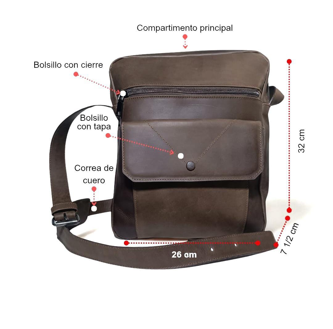 Morral marrón en cuero genuino para hombre
