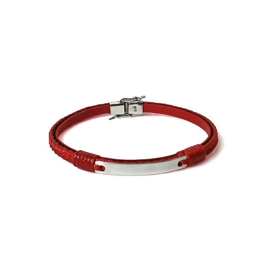 Pulsera de cuero rojo con placa de plata