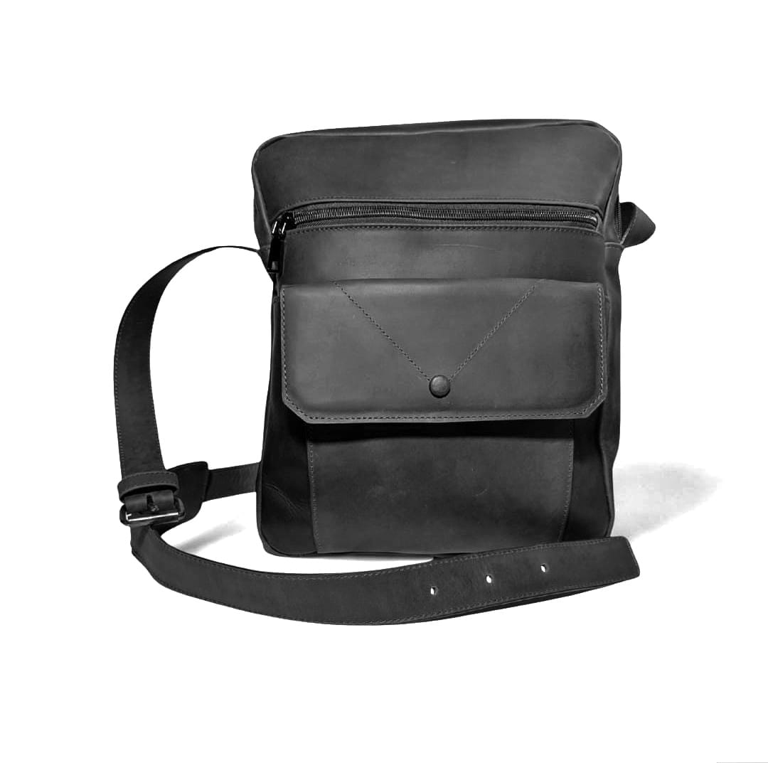 Morral negro en cuero genuino para hombre