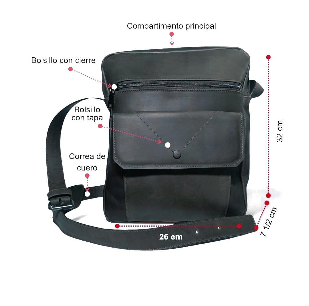 Morral negro en cuero genuino para hombre